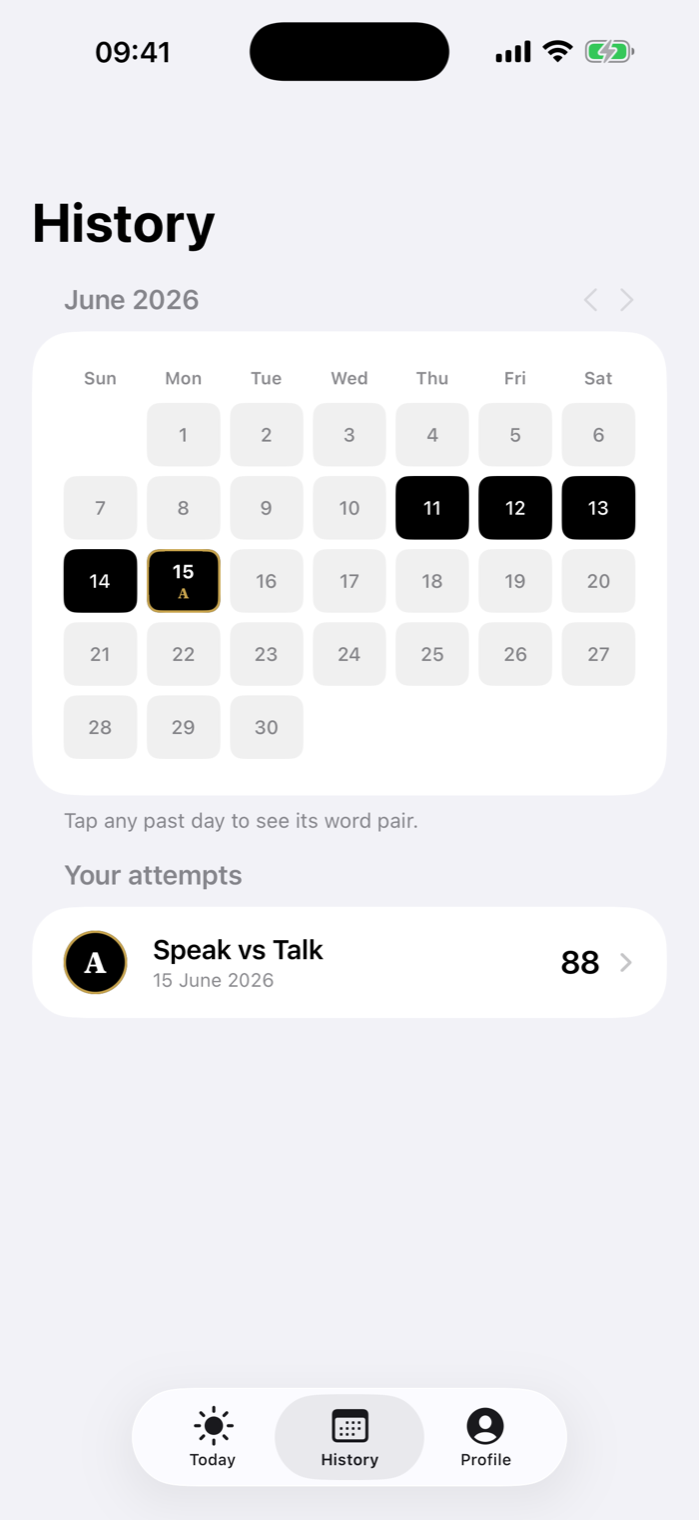 History calendar with a daily streak and past grades.