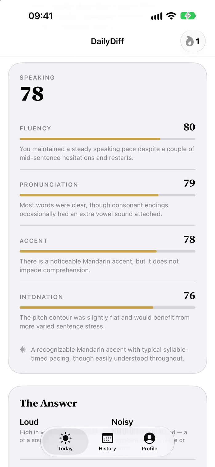 Speaking scores: fluency, pronunciation, accent and intonation, each with a comment.