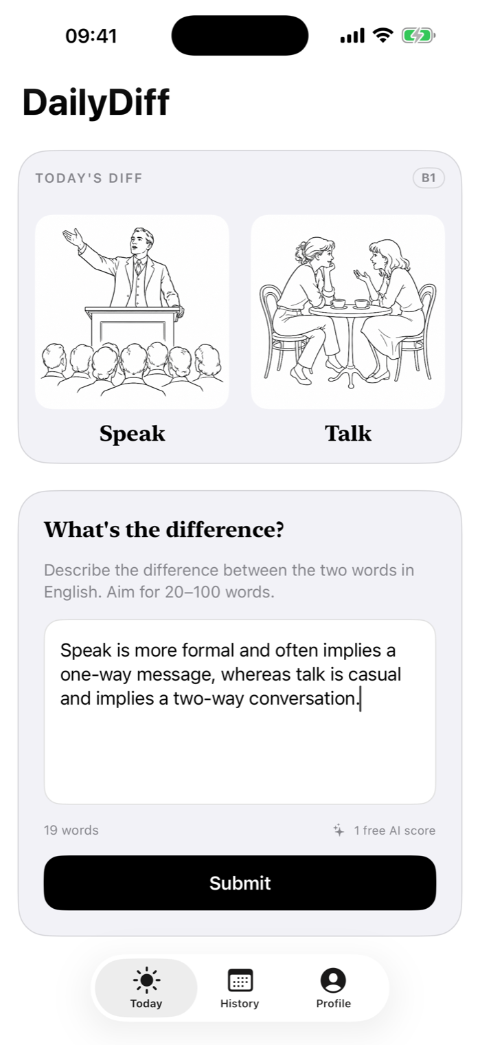 Today's pair: Speak vs Talk, each with a line illustration.
